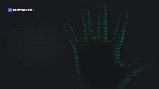 A dark digital image featuring a green outlined hand composed of computer code symbols on the right side and the text 'CONTAINER 7' with a blue logo on the left.