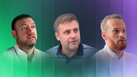 Three men with varying facial hair and hair colors looking slightly away from the camera, on a vertical gradient background transitioning from green to blue to purple.