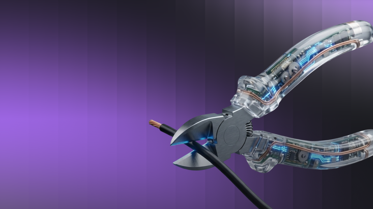 Close-up of transparent handle wire cutters cutting a black electrical wire against a purple gradient background.