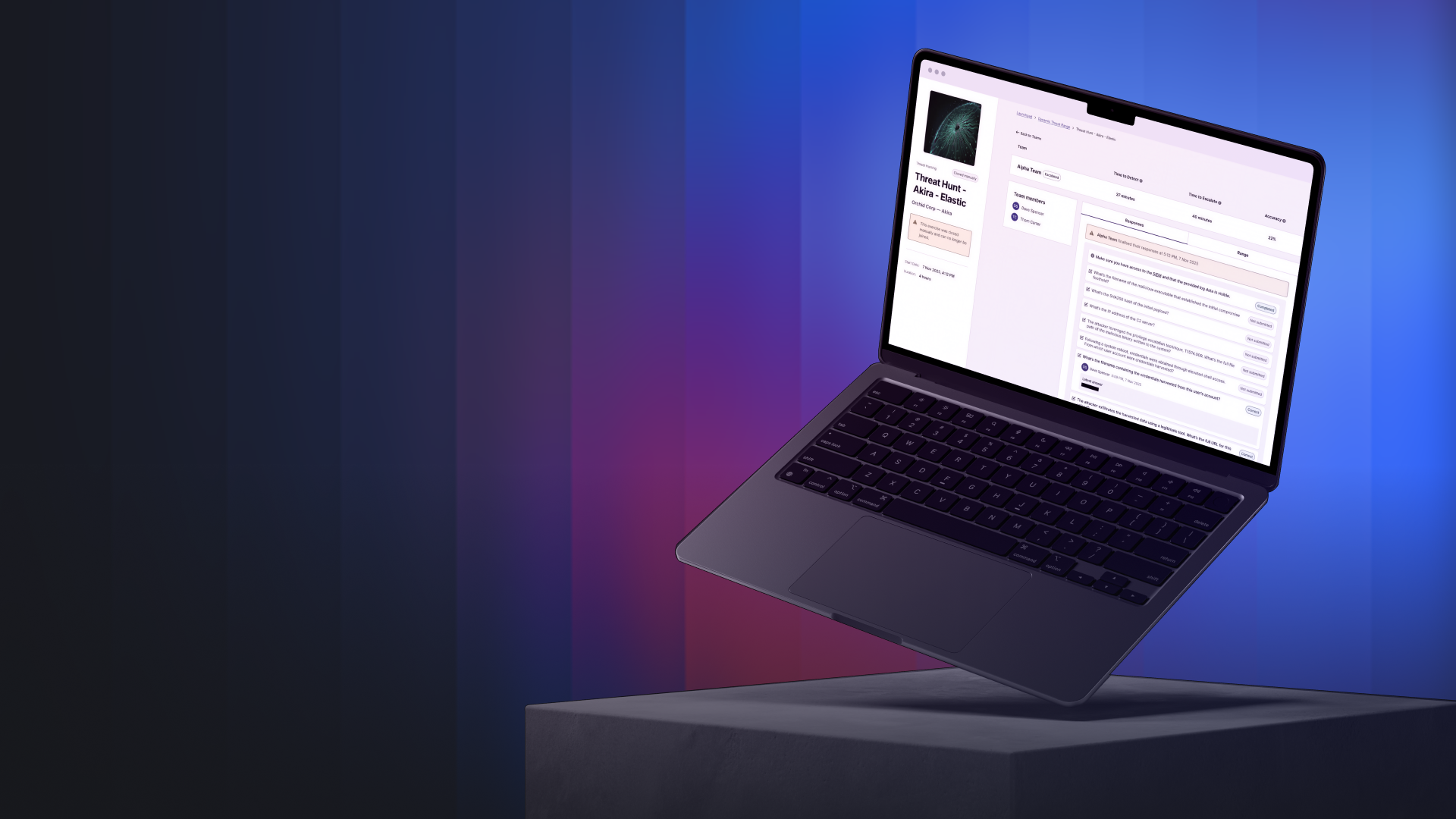 Laptop floating above a pedestal showing a cybersecurity threat hunting app interface on screen.