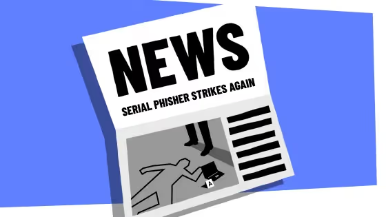 Illustrated newspaper with the headline Serial Phisher Strikes Again.