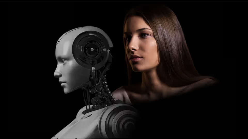 A woman beside a humanoid robot against a black background.