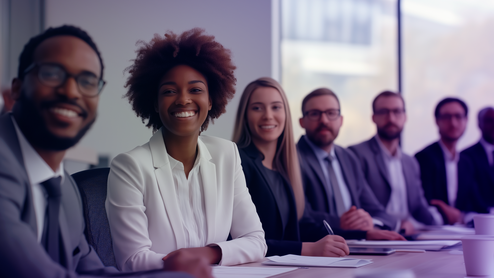 Diverse business team seated at conference table, smiling and engaged in meeting.