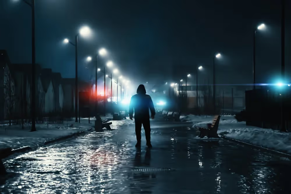 A lone figure on a wet street at night under streetlights.