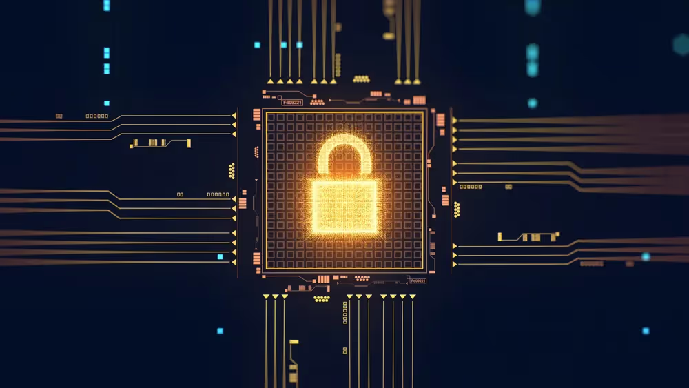 Glowing digital padlock icon on a circuit board representing cybersecurity and data protection.