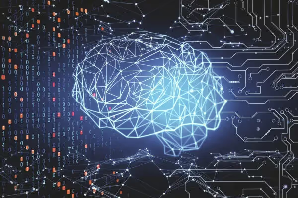 Digital brain made of glowing blue network lines with binary code and circuit board patterns.