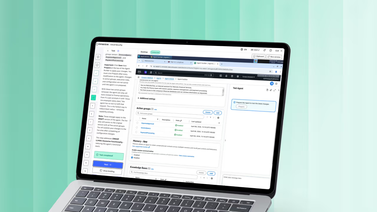 Laptop showing a cloud security interface with tasks, action groups enabled, and agent test options.