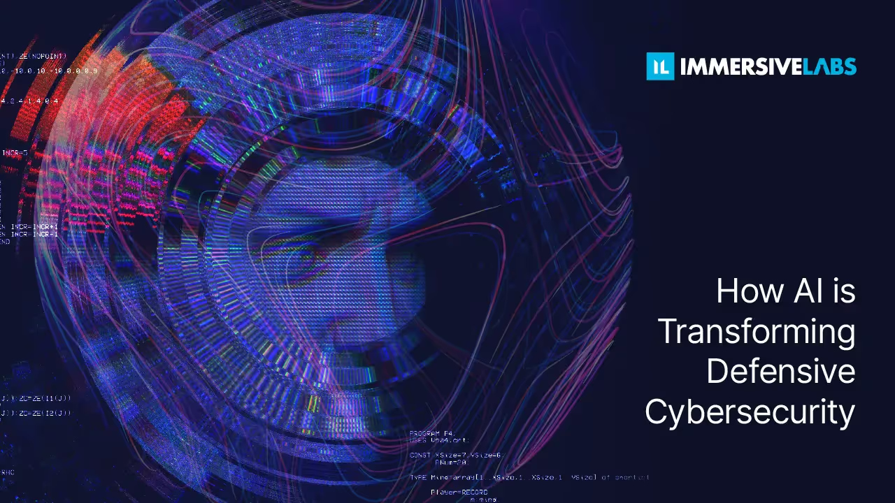 How AI Is Transforming Defensive Cybersecurity, with an abstract digital face.