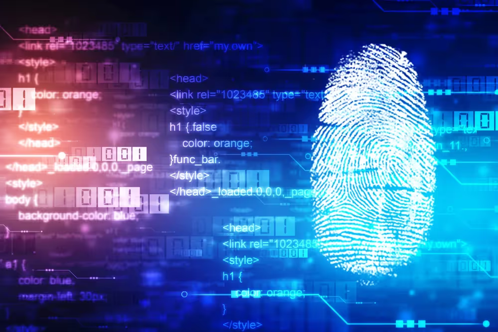 Glowing digital fingerprint with floating code and programming text in blue and orange on dark background.