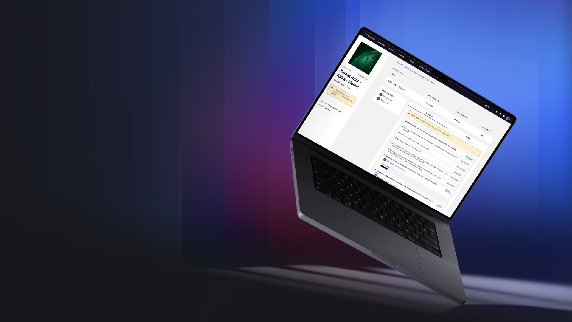 Laptop floating with screen showing a threat hunting dashboard named Akira – Elastic with task details.