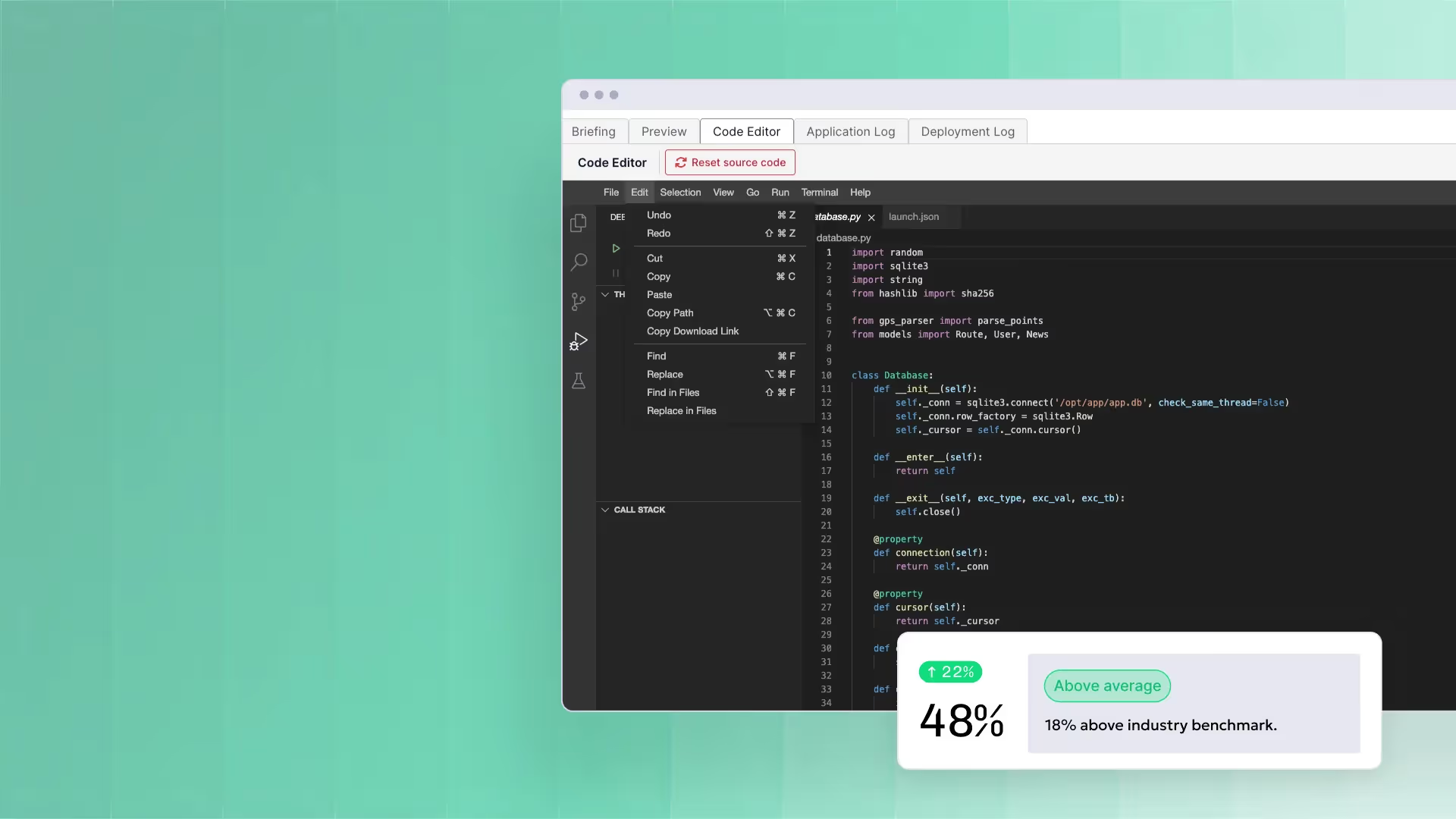 Code editor window with Python code and a performance widget showing 48% above industry benchmark.