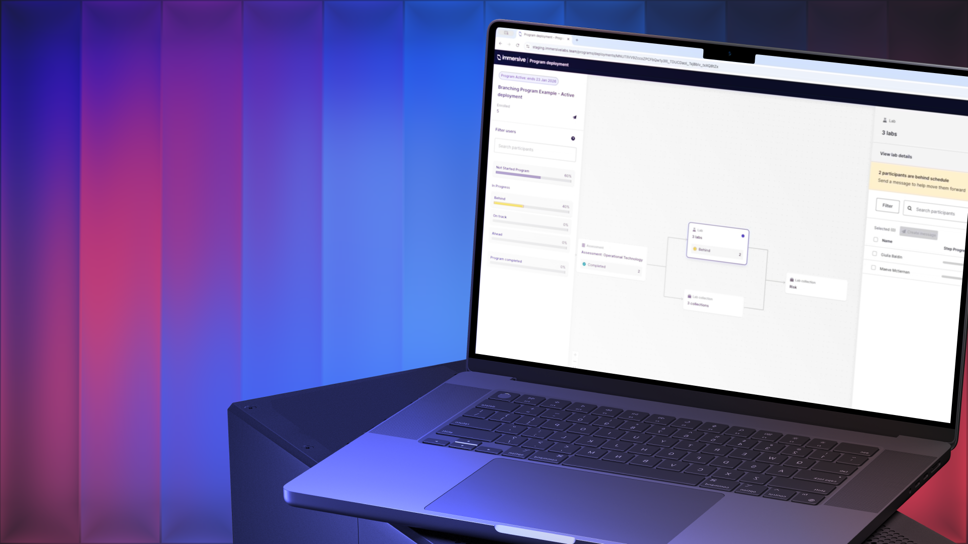 Laptop displaying a program deployment interface with user statuses and lab details on a colorful blue and purple background.