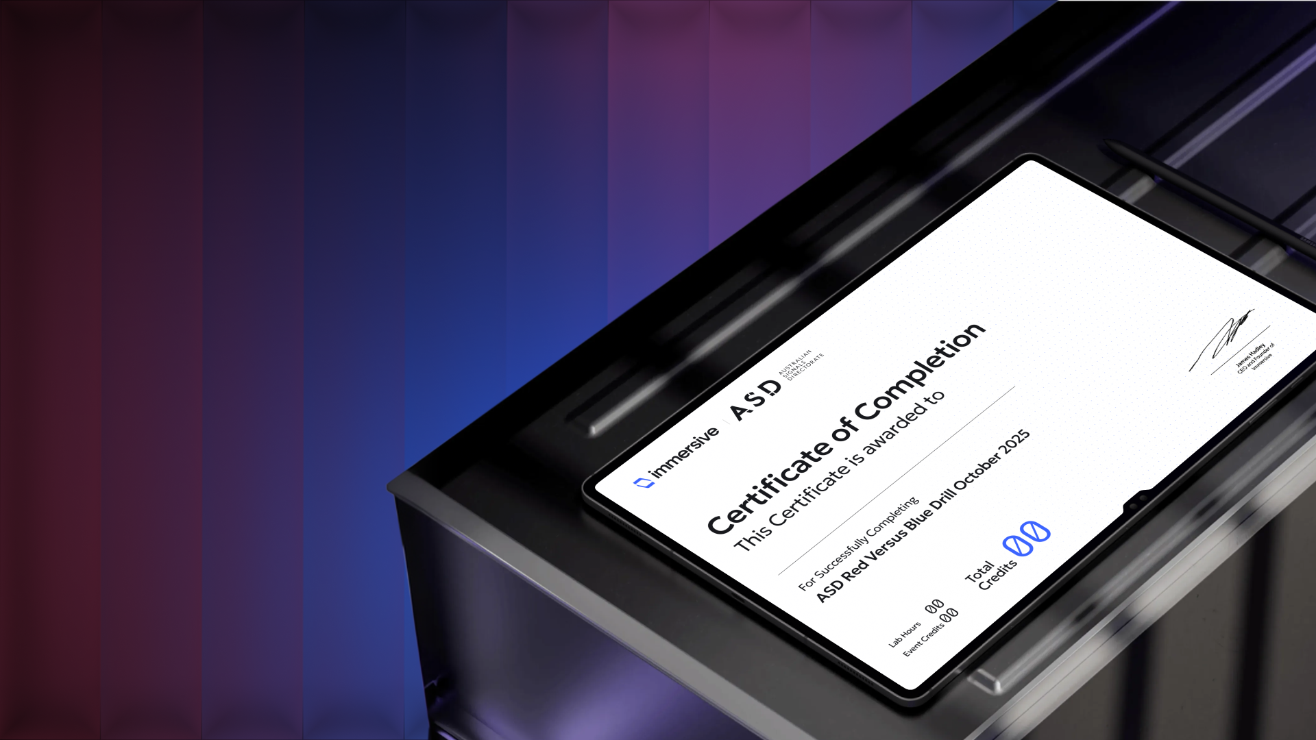 Tablet on metal surface displaying a Certificate of Completion for ASD Red Versus Blue Drill October 2025.