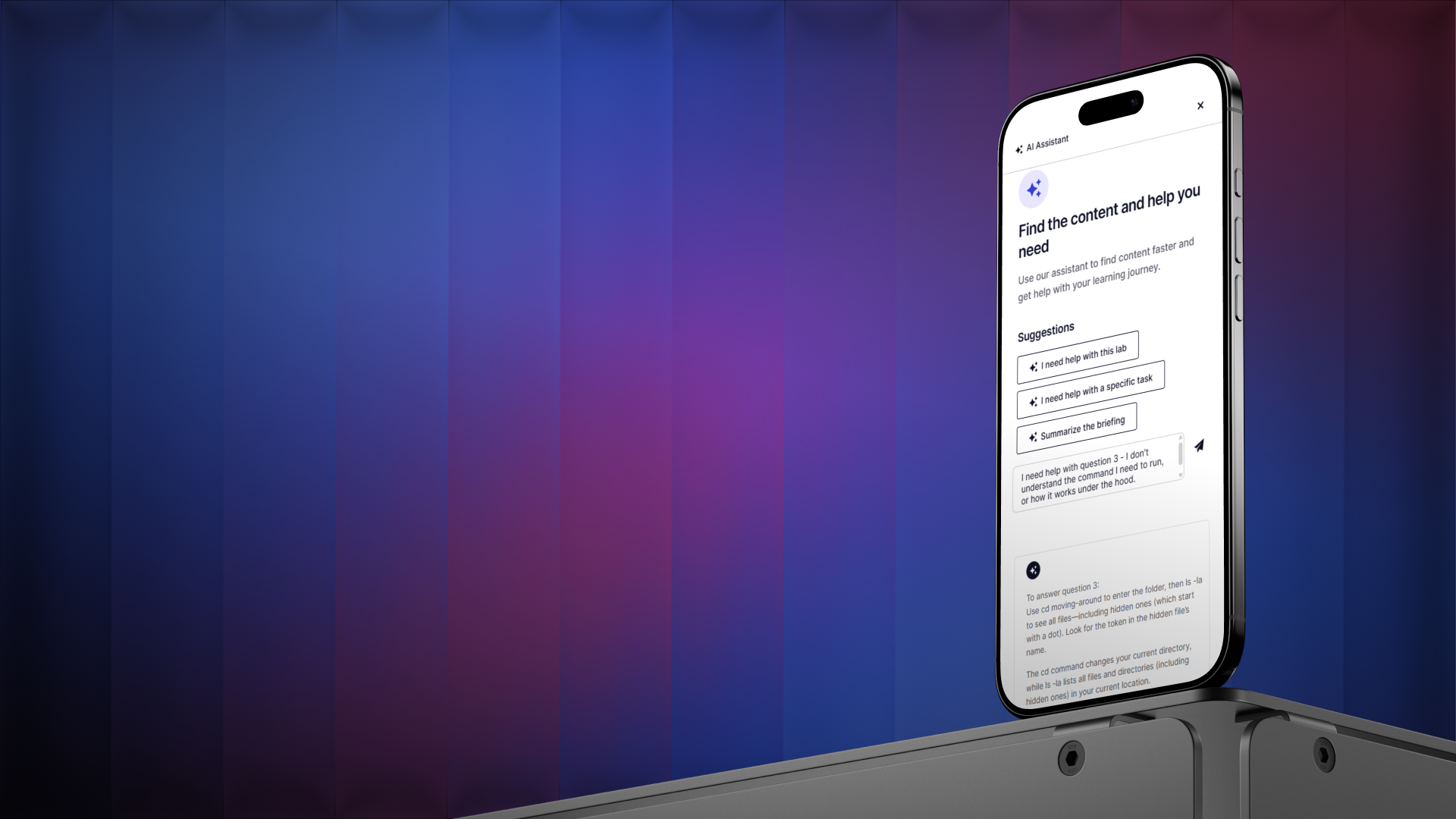 Smartphone on a gray stand showing an AI assistant app with help suggestions on a blue-purple background.
