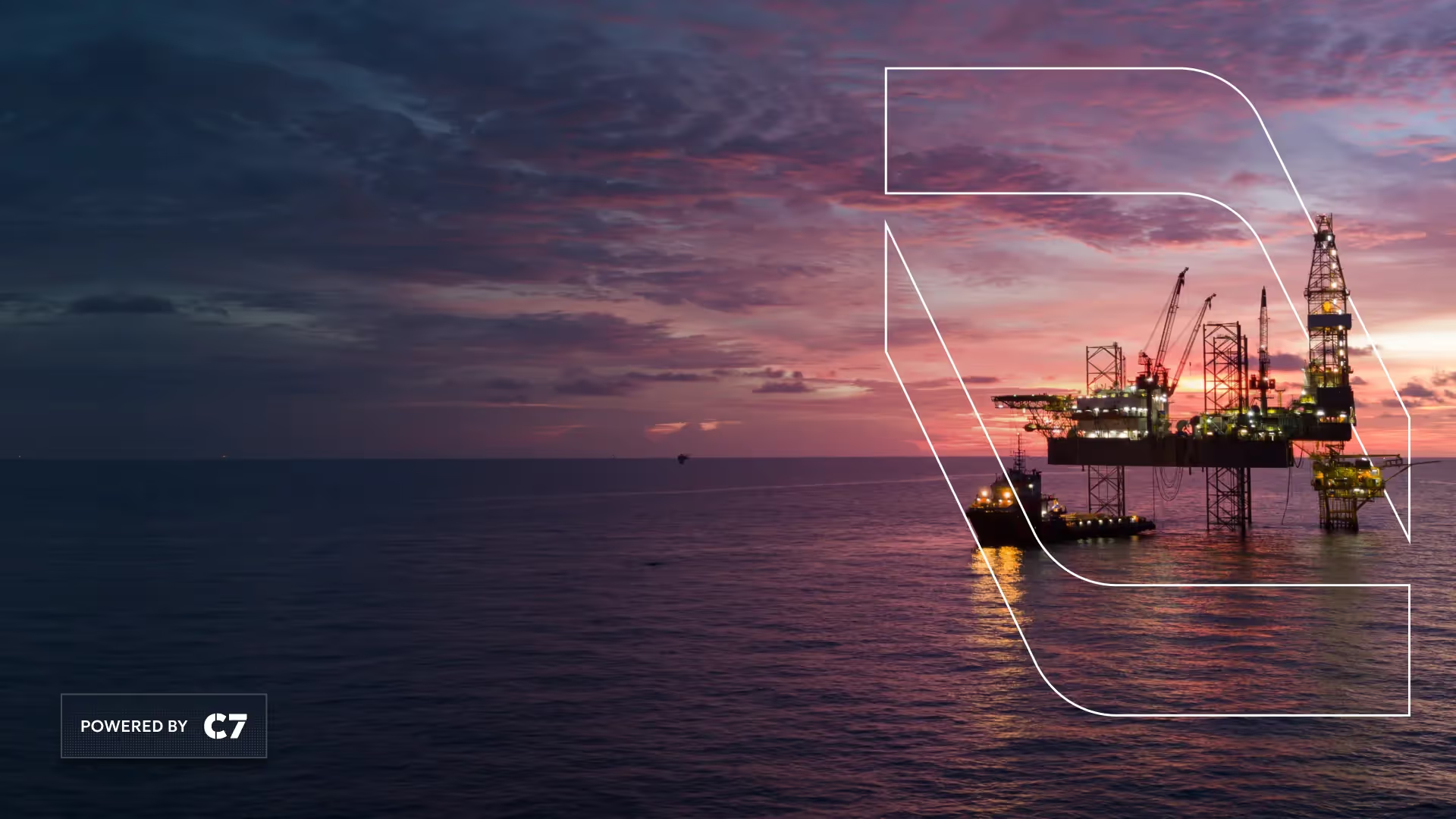 Offshore oil platform at sunset with Container 7 and Immersive branding.