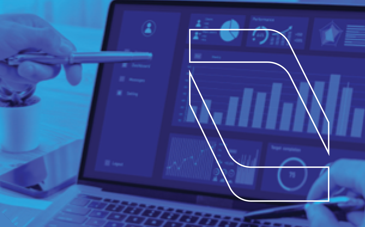 Hands holding pens pointing at a laptop screen showing charts and graphs with a blue overlay and white logo.