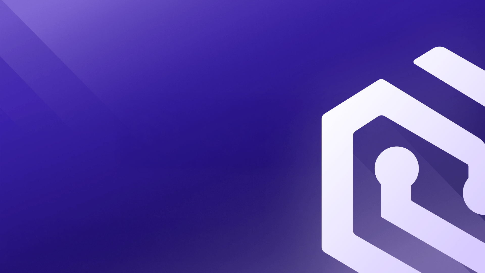 Partial abstract geometric shape with keyhole elements on purple gradient background.