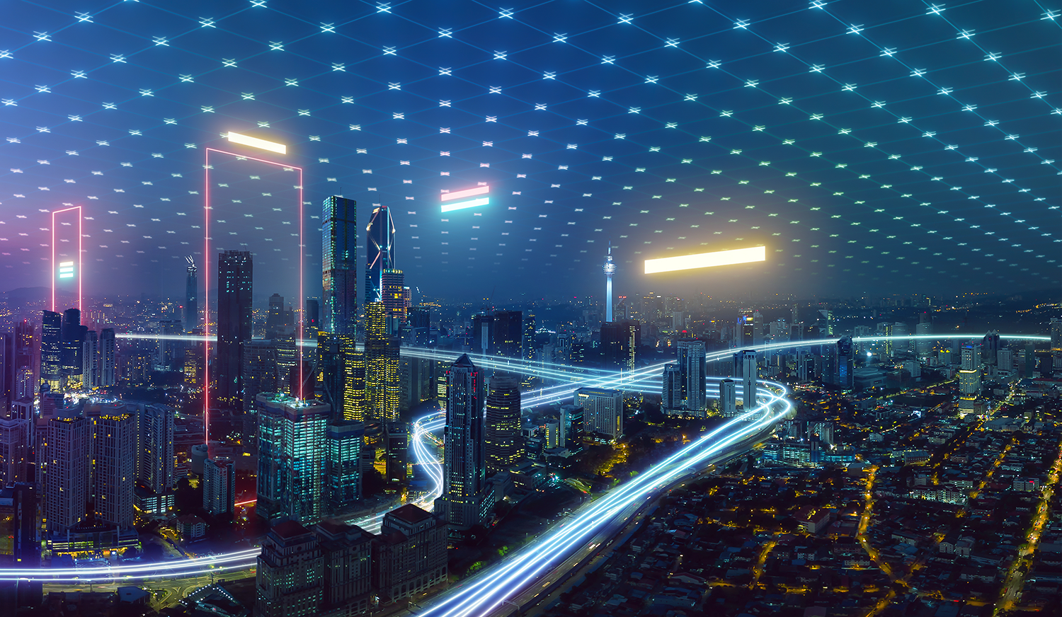 Night cityscape with skyscrapers and blue digital light trails linking buildings under a glowing digital grid.