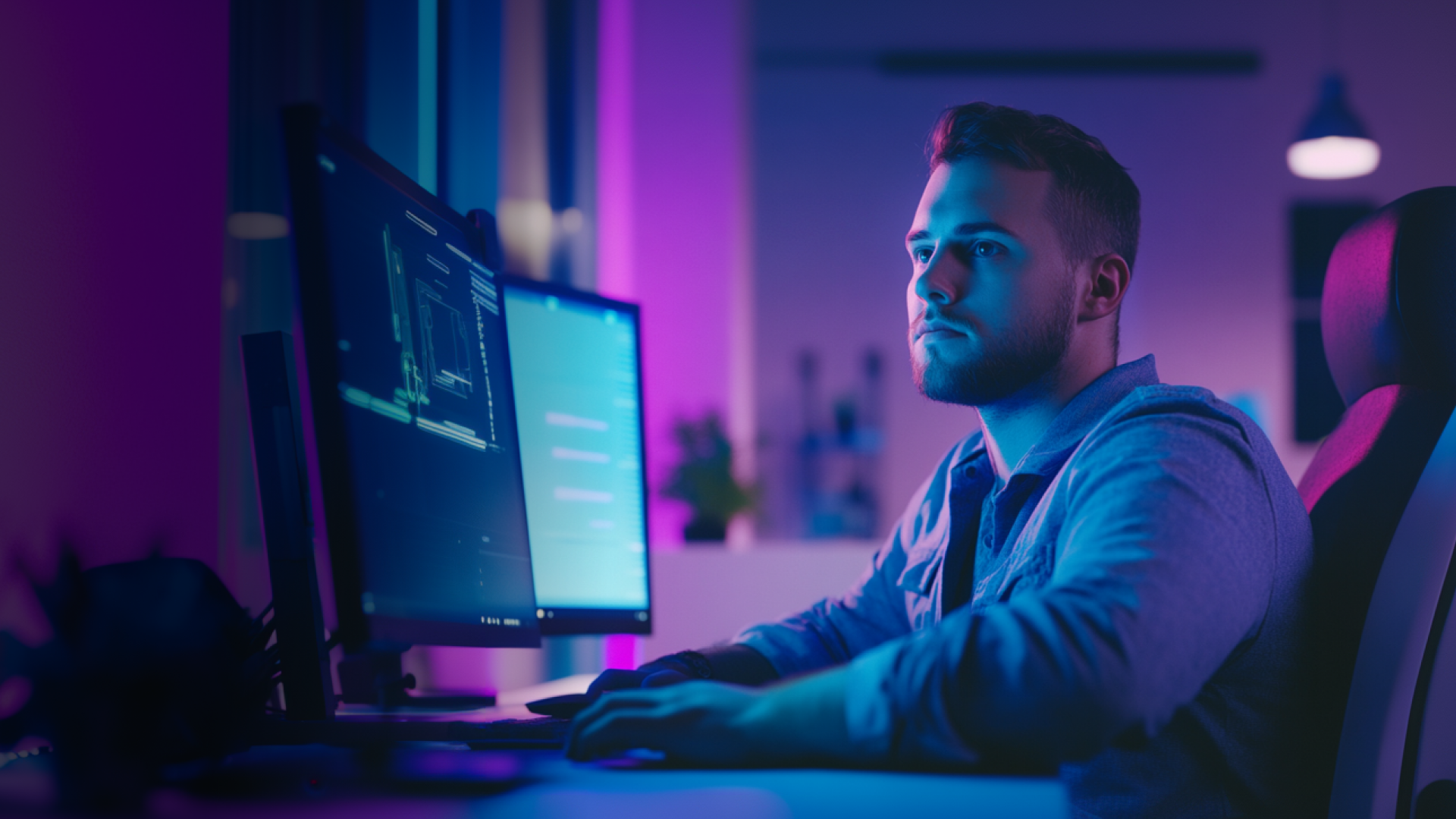 Young man focused on dual monitors displaying software code in a dimly lit room with purple-blue lighting.