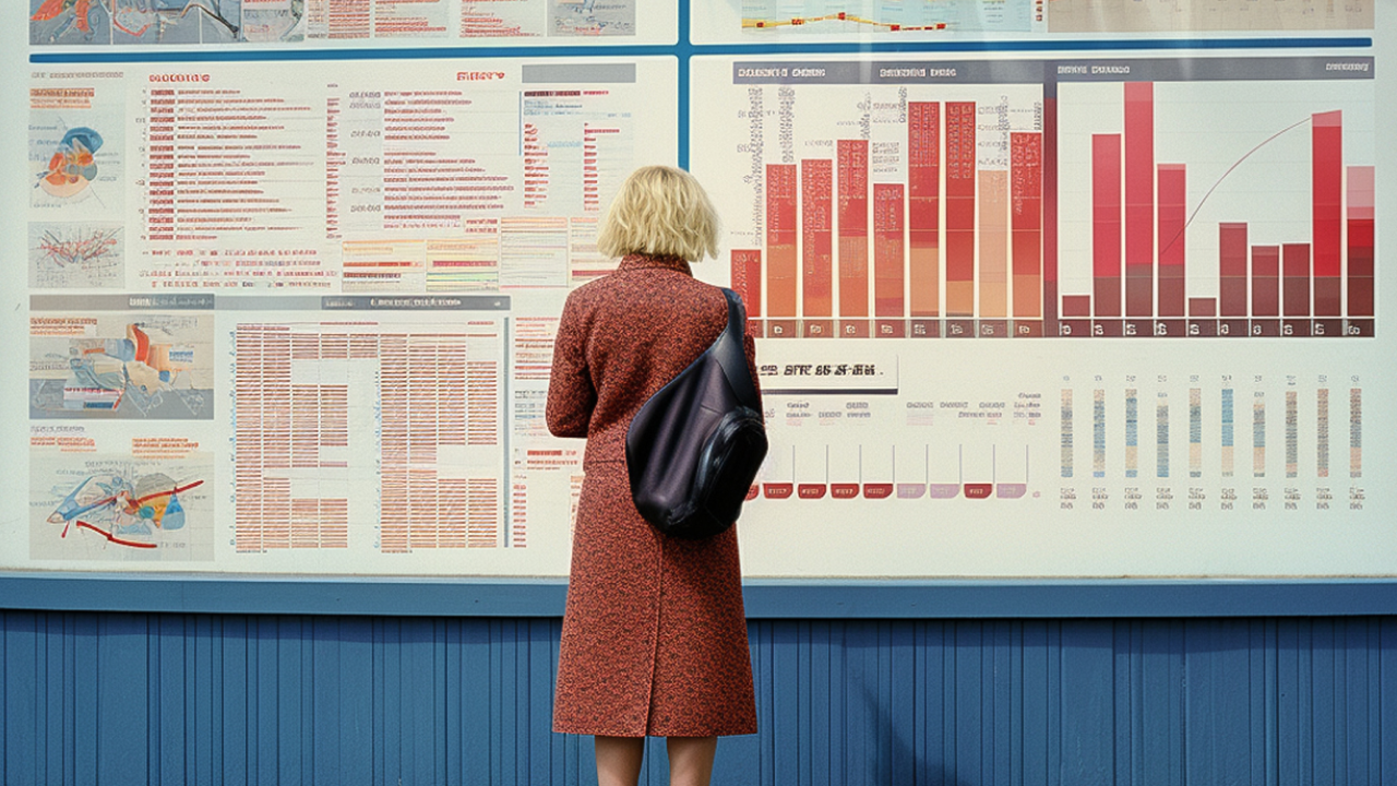 Person in red coat with black bag studies large wall charts with graphs and text.