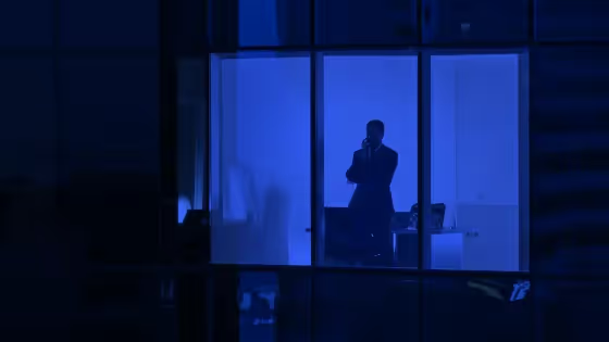 Silhouette of a person in a blue-lit office window.