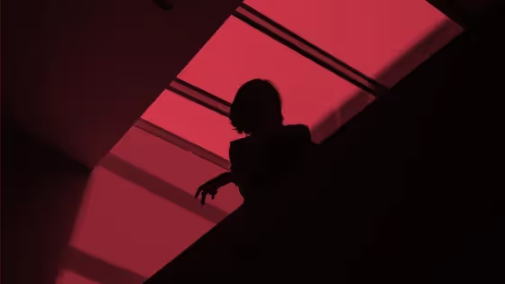 Silhouette of a person in a red-lit interior.