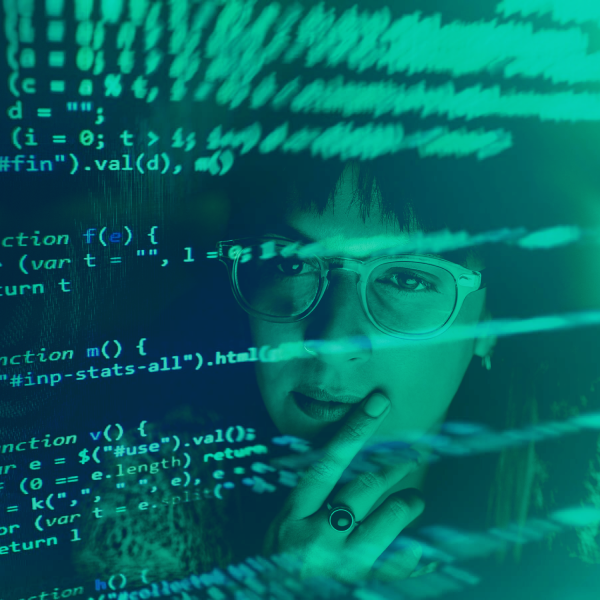 Person with glasses looking thoughtfully at a transparent screen displaying programming code.