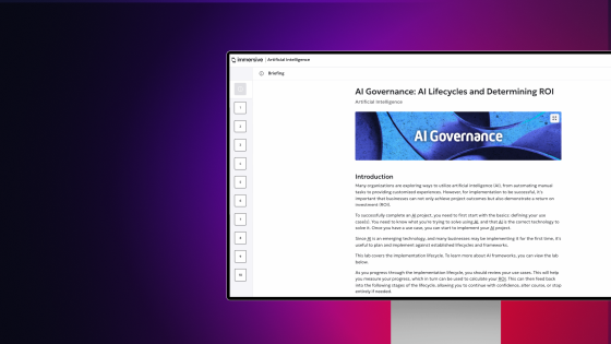 Computer screen showing a webpage titled AI Governance: AI Lifecycles and Determining ROI with text and a blue header image.