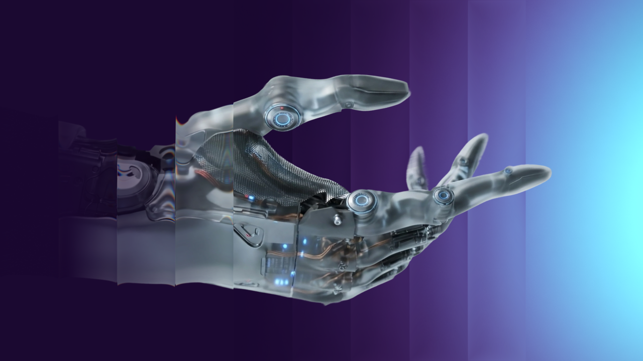 Transparent robotic hand with visible circuits reaching toward a glowing blue light on a purple gradient background.