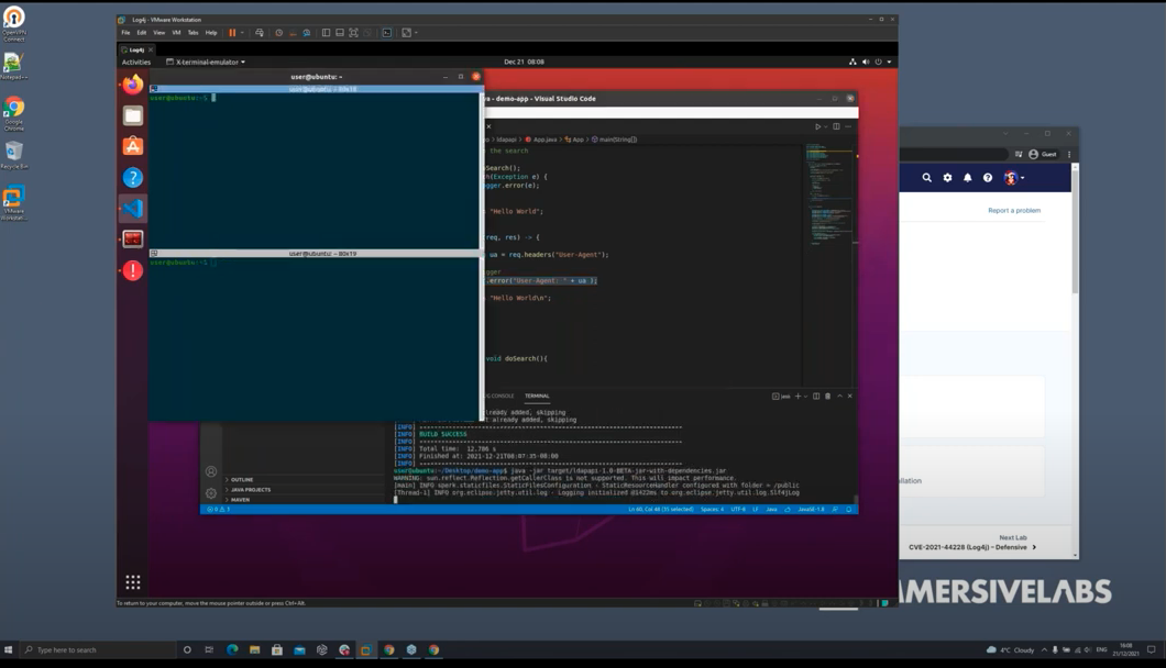 Ubuntu desktop running VMware with terminal and Visual Studio Code showing Java code and build success.