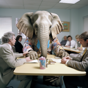 Elephant wearing colorful shirt sits at table holding hands with two businessmen in a meeting room.