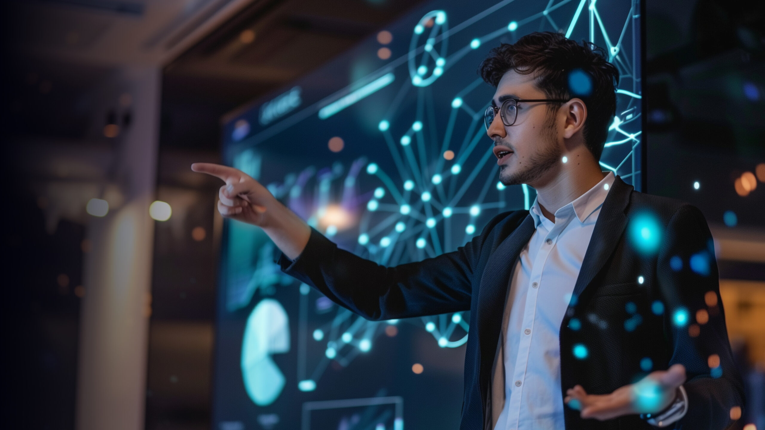 Man in glasses pointing and explaining in front of a digital screen with network and pie chart visuals.