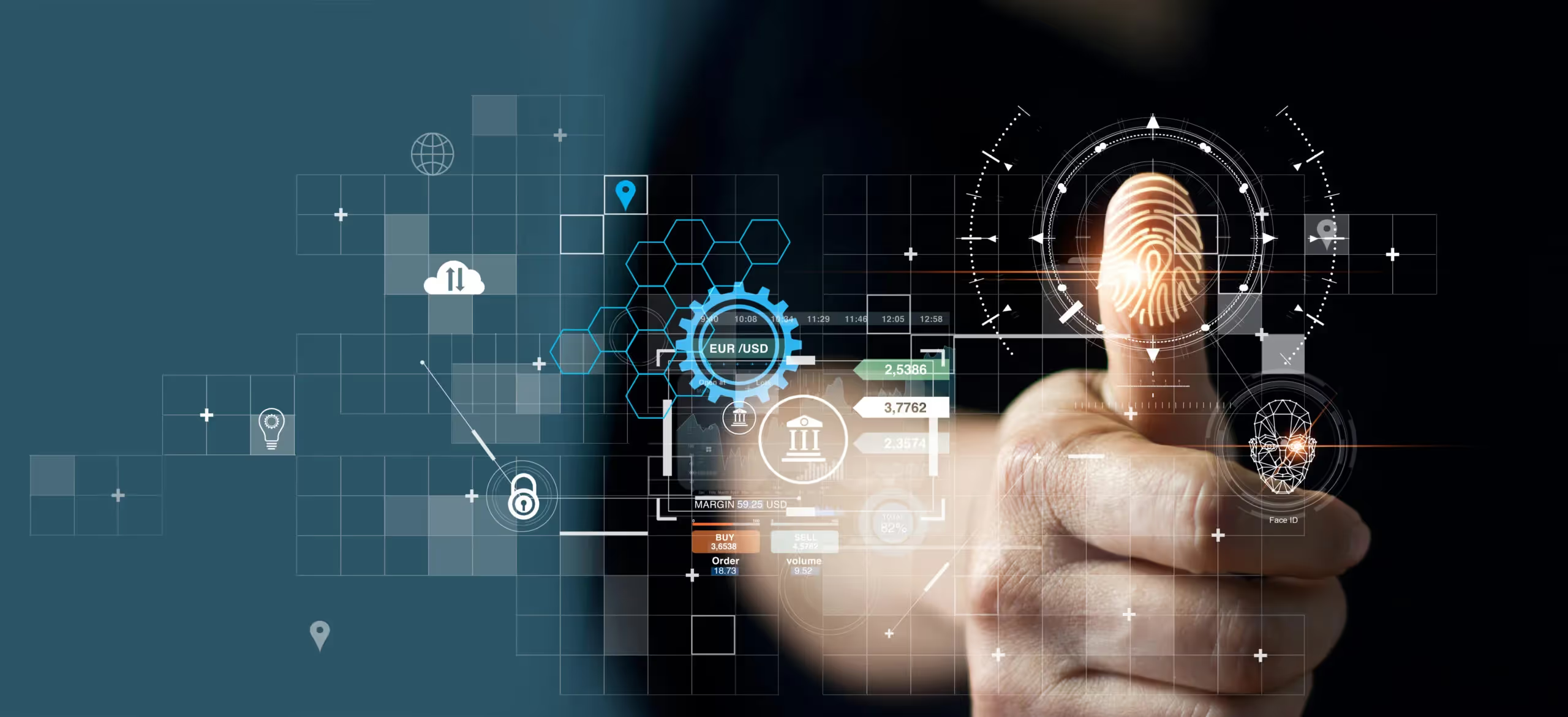 Thumbprint scan surrounded by digital security and identity icons.