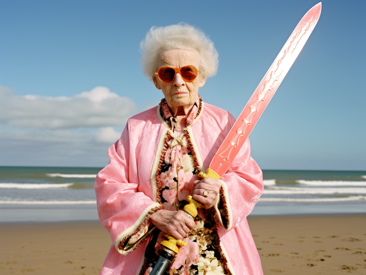 Elderly woman wearing pink robe and sunglasses holding a large decorative sword on a beach.