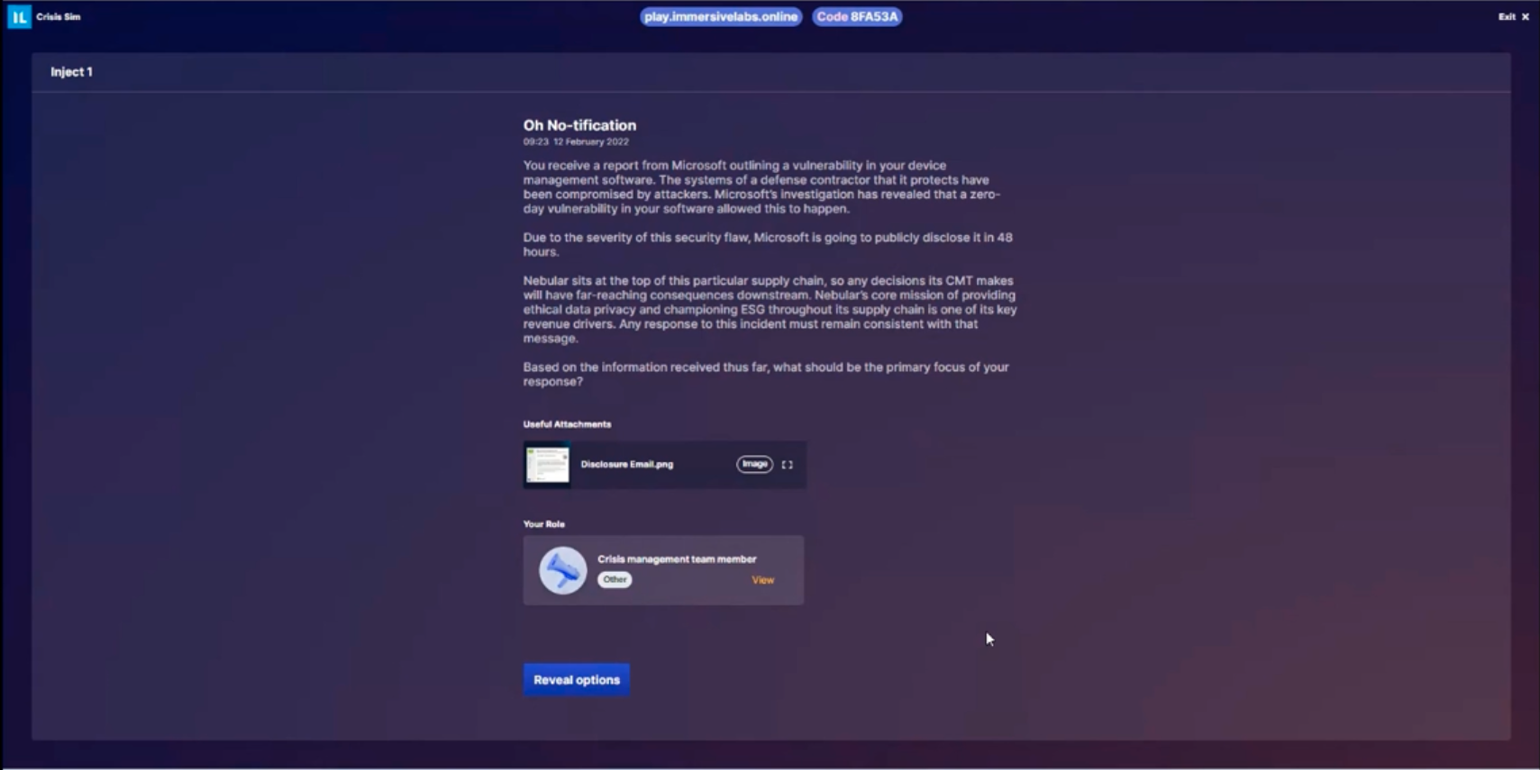Crisis Sim screen showing a security vulnerability report and role as crisis management team member.