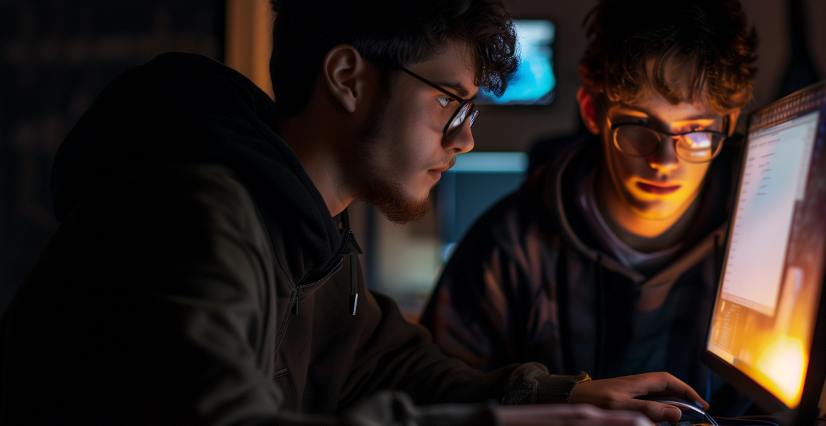 Two focused young men wearing glasses working on a computer with dim ambient lighting.