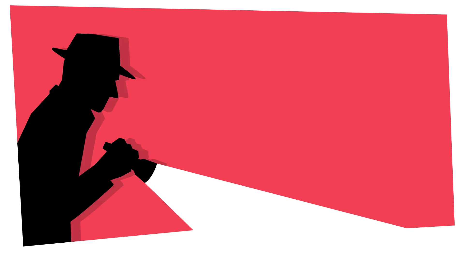 Silhouette of a detective shining a flashlight against a red background.