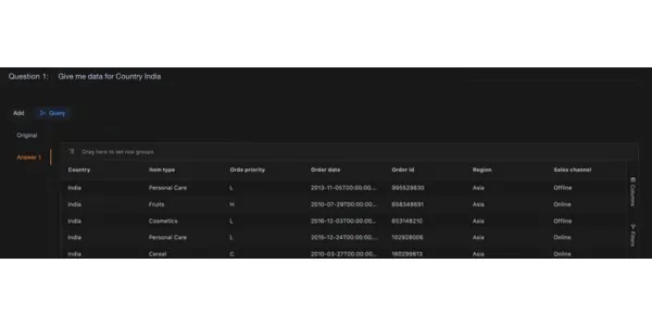 Screenshot of querying imported data using plain-English questions