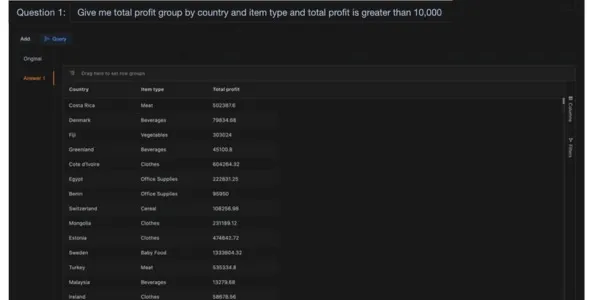 Screenshot of grouped and filtered profit analytics by country and item type