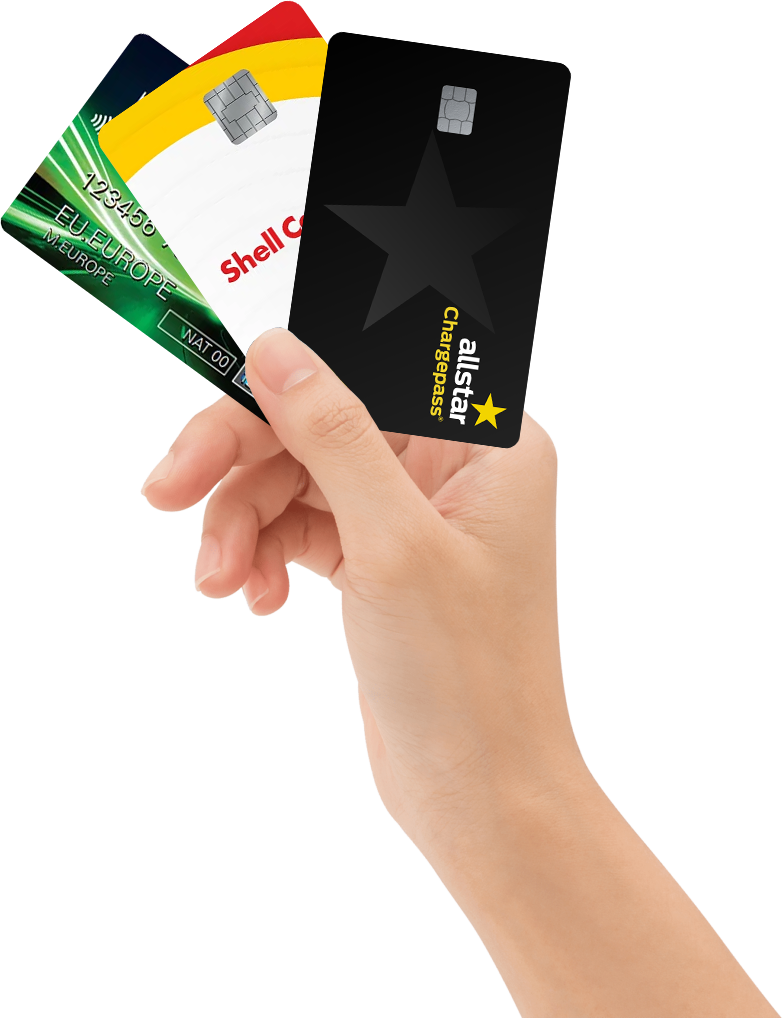 Hand holding a fan of Allstar Chargepass, BP Fuel & Charge and Shell Recharge EV cards