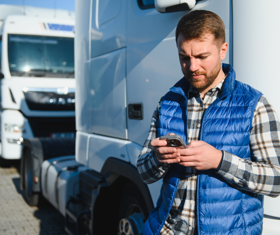 Driver checking his phone beside HGV cabs