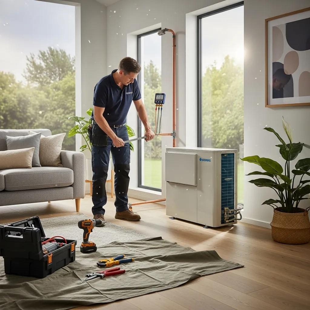 Professional technician installing a heat pump in a modern home, highlighting energy efficiency and comfort