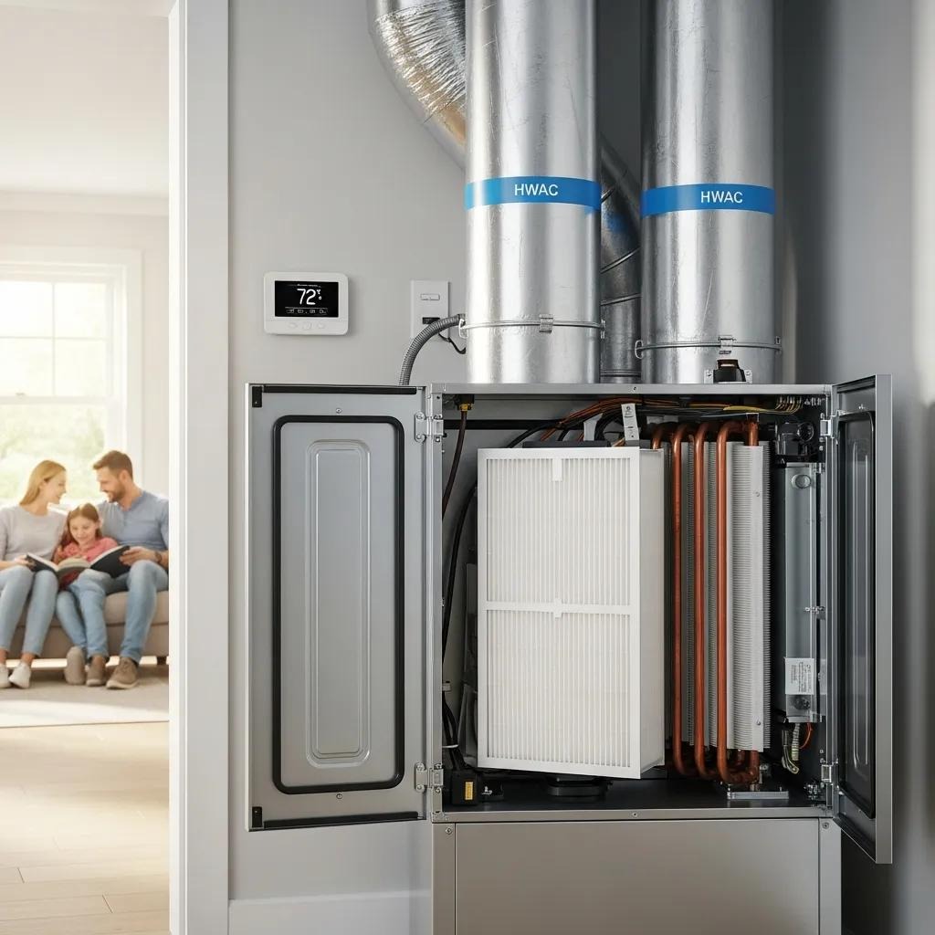 Well-maintained HVAC system components in a home, illustrating the benefits of preventive maintenance