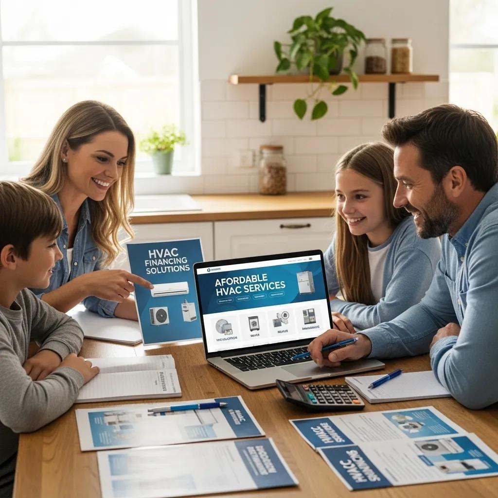 Family discussing HVAC financing options at home, emphasizing accessibility and planning
