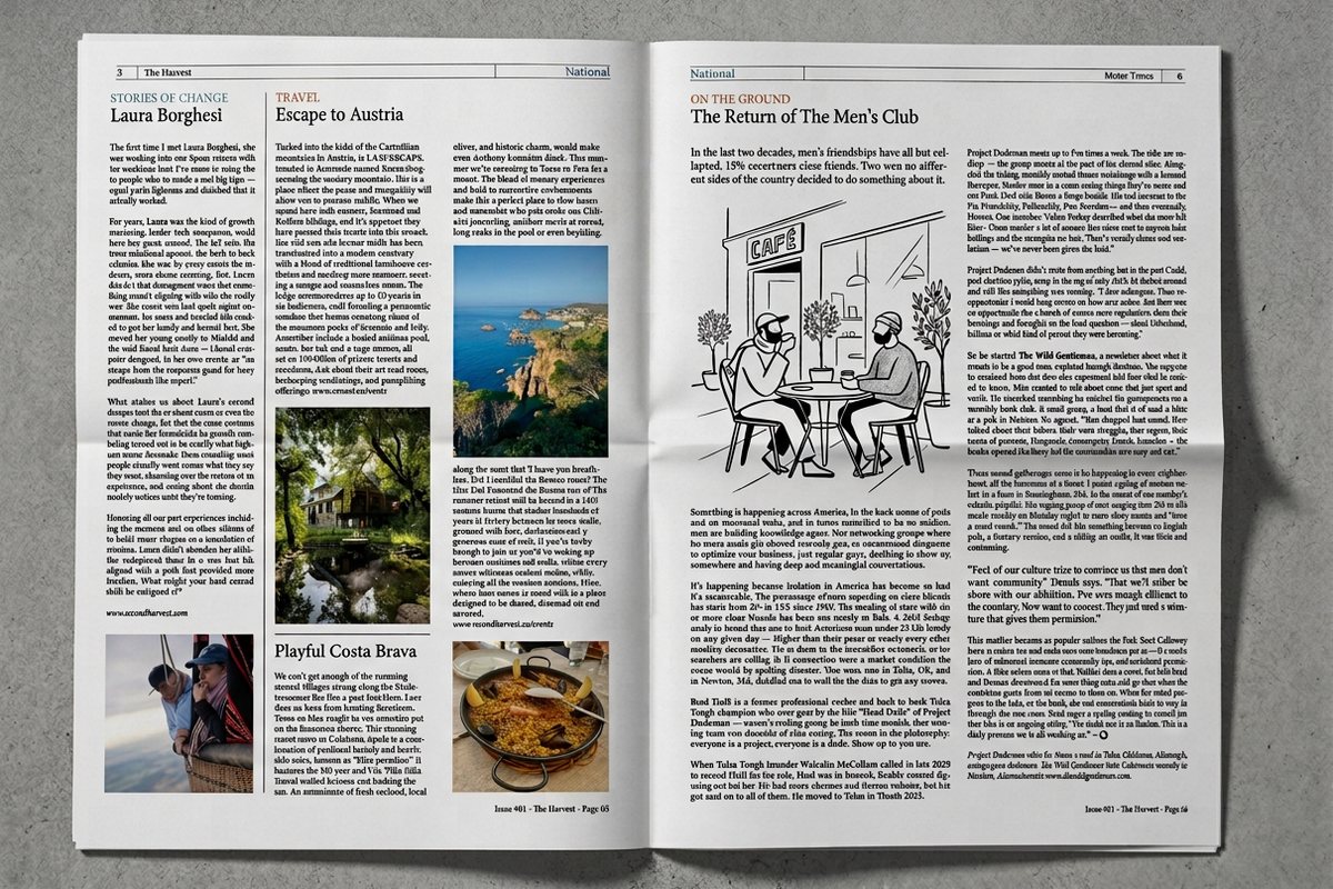 An open spread of The Harvest newspaper