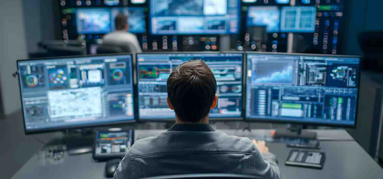 IT specialist monitoring servers and network infrastructure in a control room