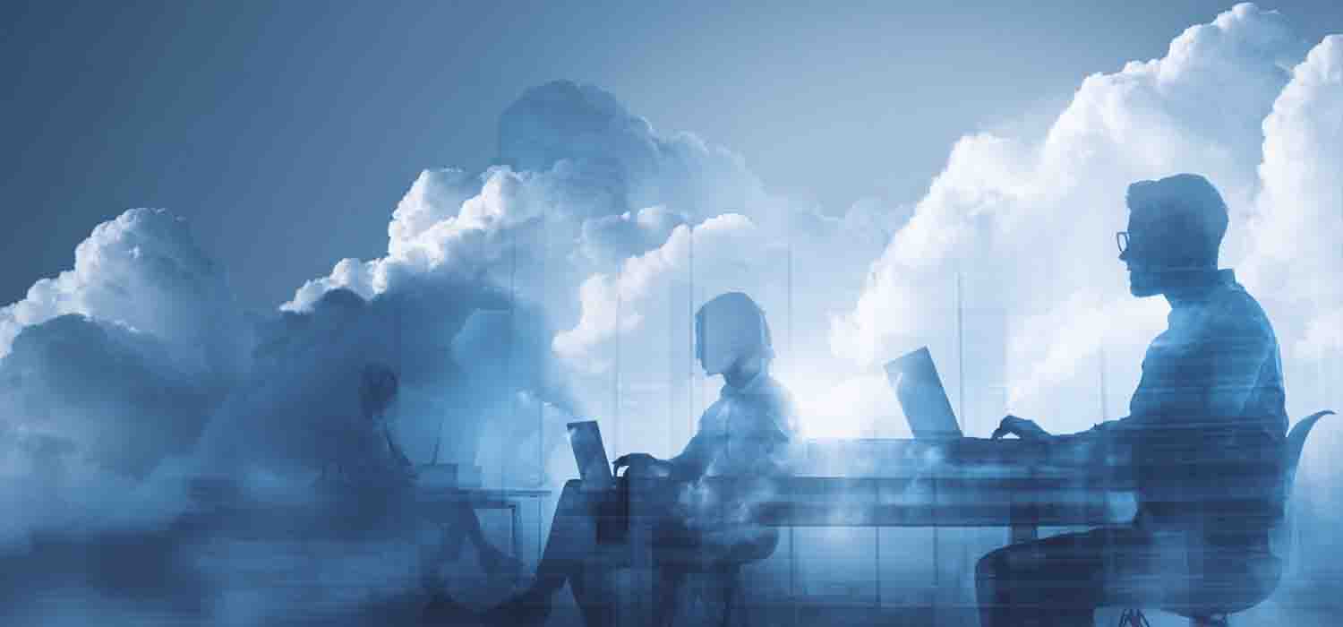 Team collaborating remotely on secure cloud computing services for business continuity
