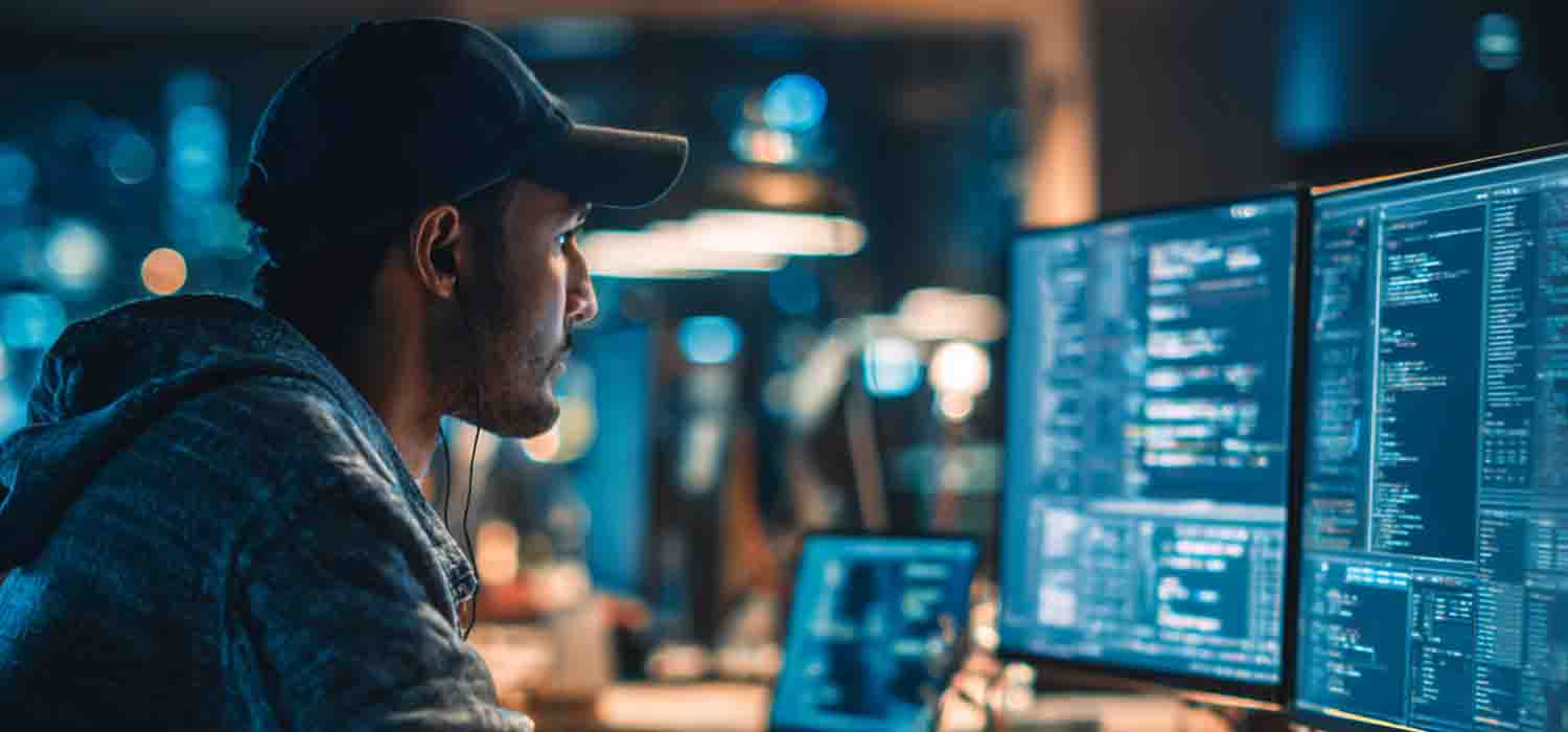 Technical specialist implementing cyber security measures in a corporate office