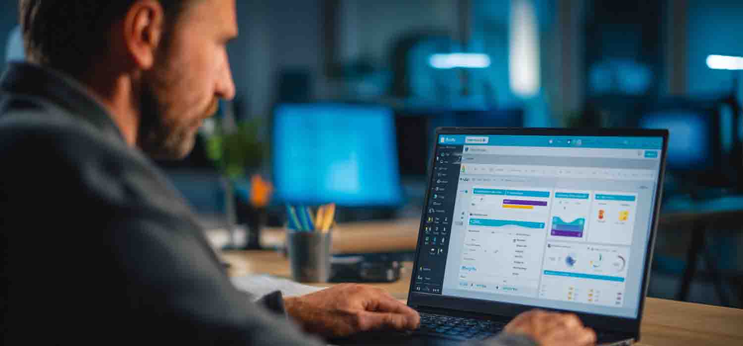 IT manager reviewing device management console on a laptop