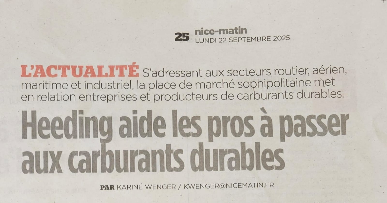 The article highlights our mission from Sophia Antipolis to simplify access to sustainable fuels for the road, air, maritime, industrial, and construction sectors, and to support companies in their energy transition.